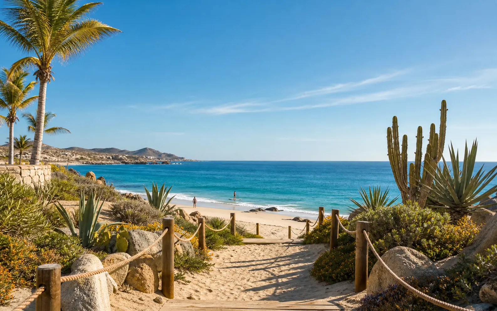 Beach access path with desert plants and the Sea of Cortez